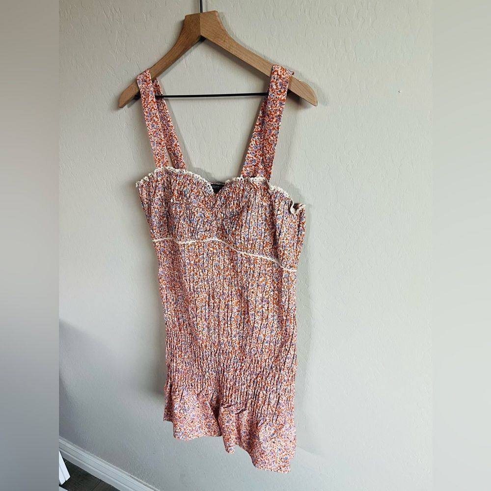Zara Women’s Orange Floral Ruffle Smocked Mini Bodycon Boho Dress NWOT Size L - Picture 2 of 8